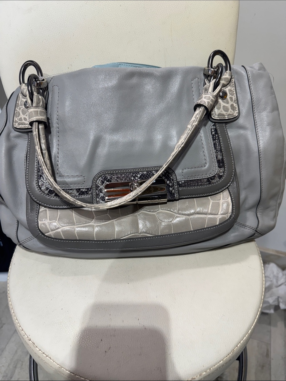 Coach Gray & Cream Shoulder Bag with Croc-Texture Trim